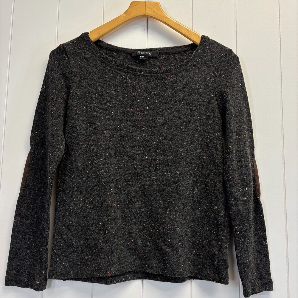 Forever 21 Y2K Womens Preppy Academia Elbow Patch Sweater Size M Brown Speckled